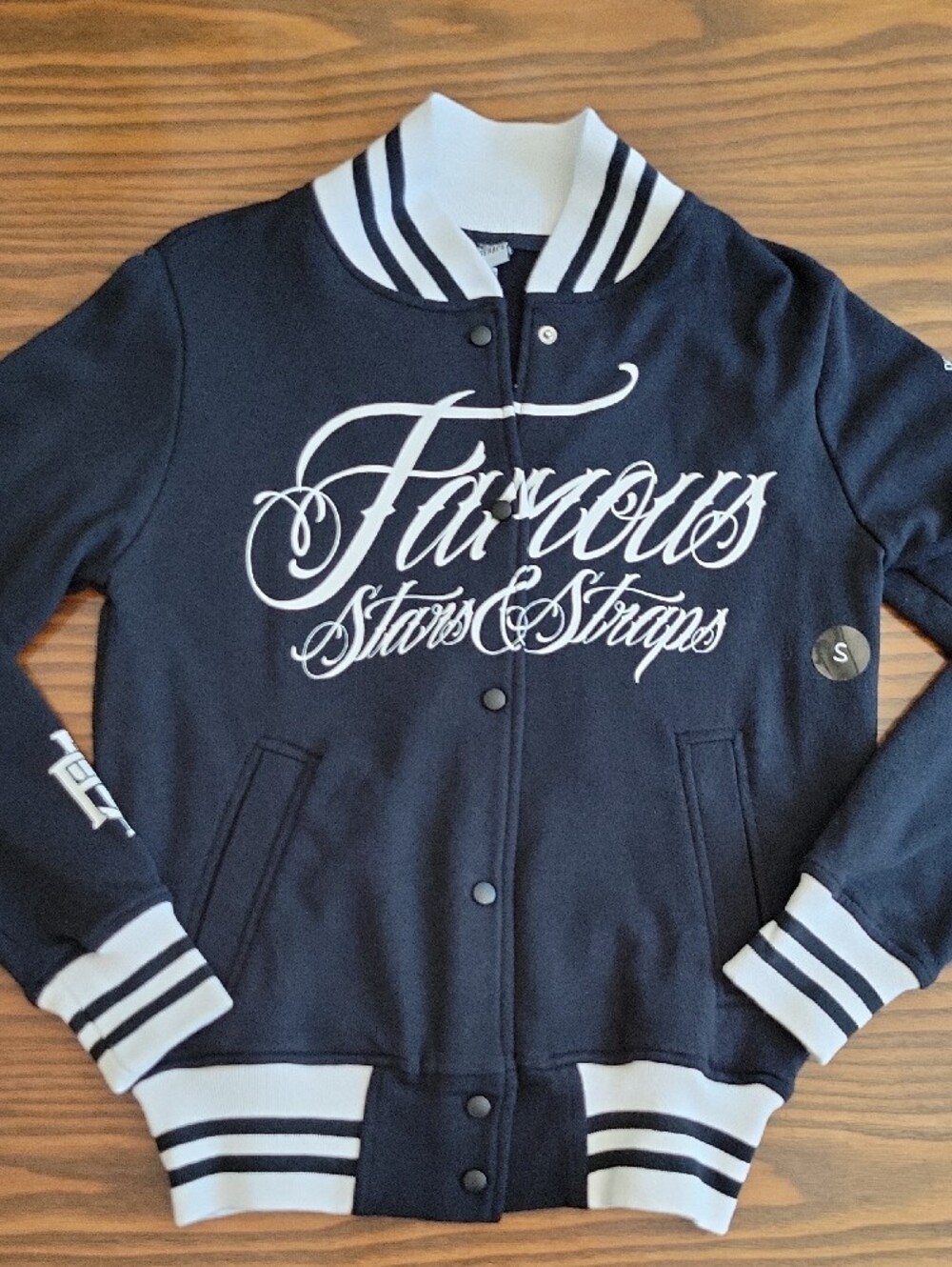 NWT -- Famous Stars & Straps Black & White Script Varsity Jacket | Size: S